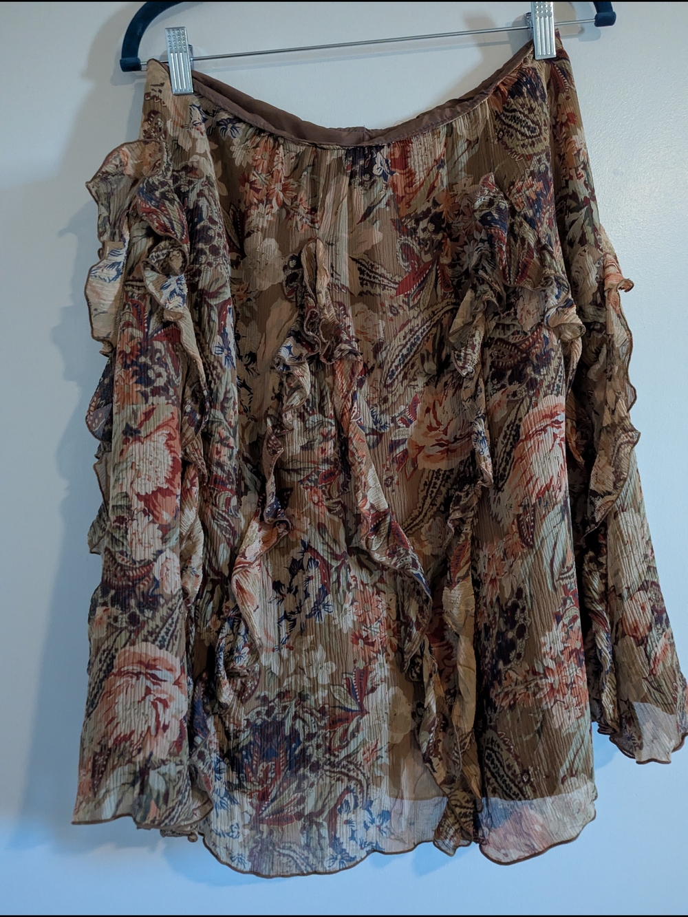 Earthy Paisley Floral Crinkle Ruffle Asymmetrical Reworked/Handmade Skirt ~15in